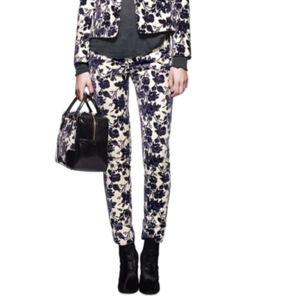 Tory Burch Dayton Floral Velvet Pants Size 8 Ivory Purple Flocked - Picture 2 of 16